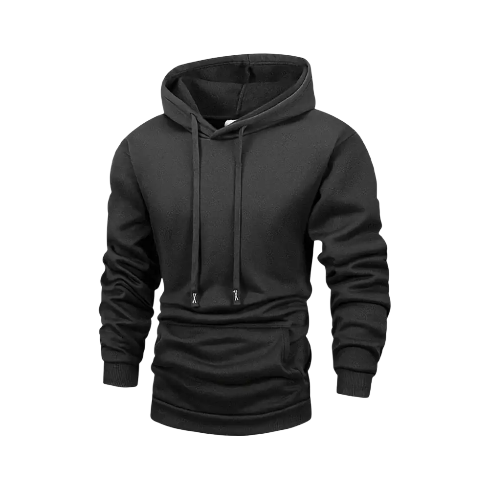 Men fleece pullover hoodie in black with drawstrings and front pocket designed for casual winter wear