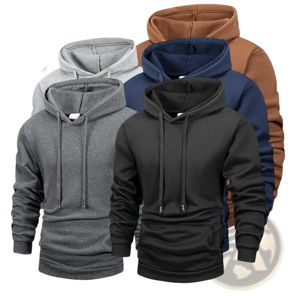A collection of men fleece pullover hoodies in gray black navy blue and brown with fleece-lined hoods for winter use