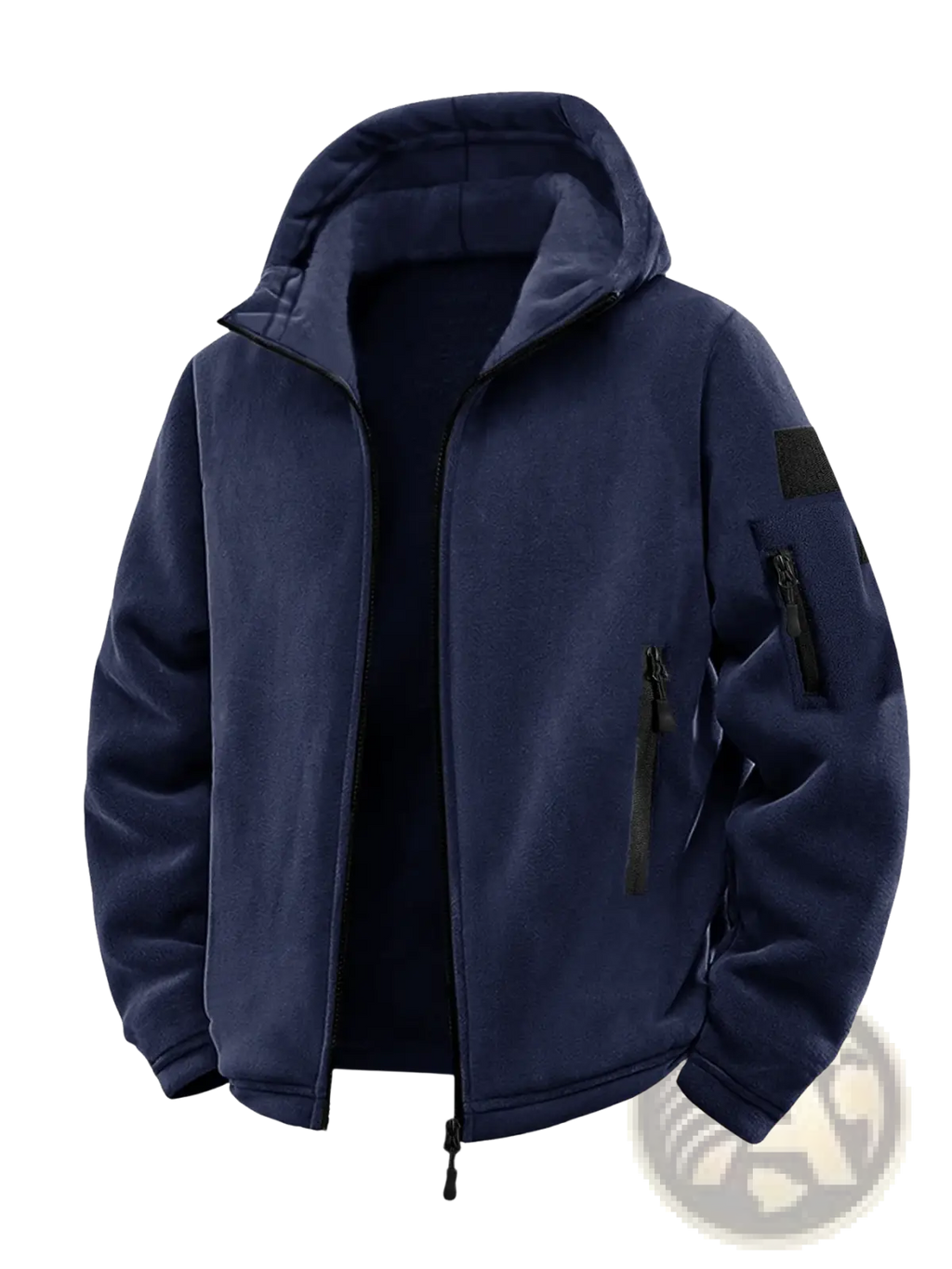 Men fleece tactical jacket in navy blue with thermal insulation flame graphic and black zipper accents