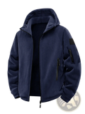 Men fleece tactical jacket in navy blue with thermal insulation flame graphic and black zipper accents