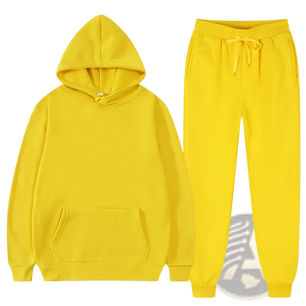 Men fleece tracksuit casual bright yellow hooded sweatshirt and matching jogger pants set made of soft material