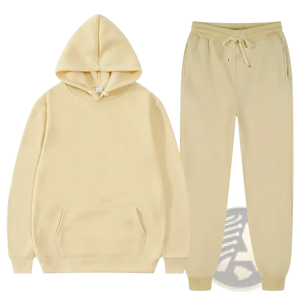 Men fleece tracksuit casual cream-colored cotton hoodie and matching joggers set ideal for comfortable wear