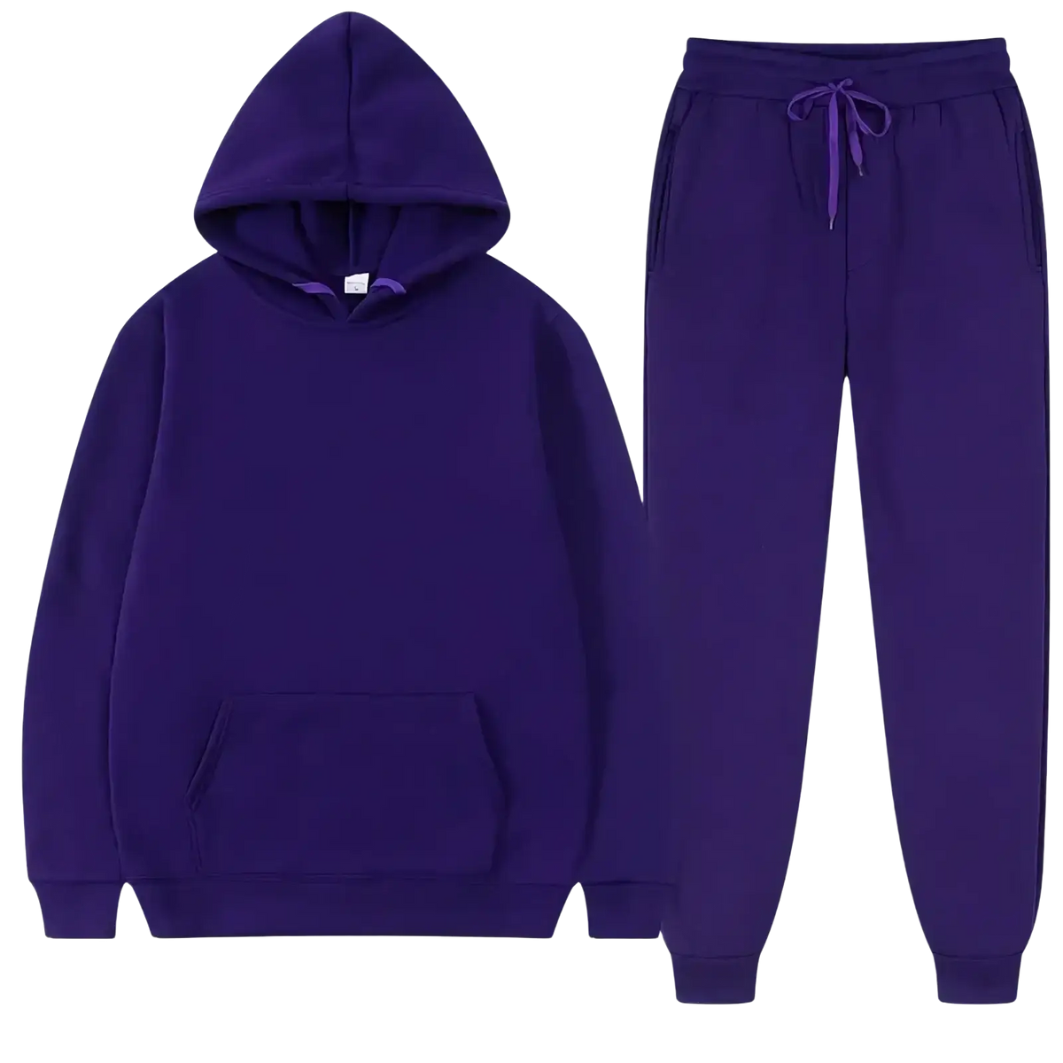 Purple fleece tracksuit for men featuring a hooded sweatshirt and matching jogger pants in a casual style