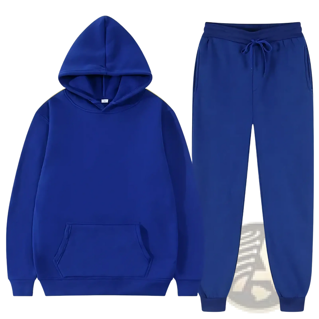 Men fleece tracksuit casual royal blue hoodie and jogger set made of soft cotton-blend fabric with front pocket