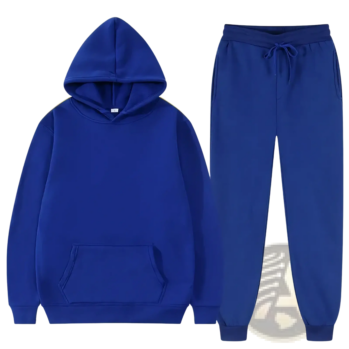 Men fleece tracksuit casual royal blue hoodie and jogger set made of soft cotton-blend fabric with front pocket