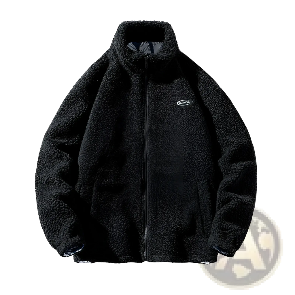 Men fleece winter jacket black with plush textured fleece exterior and subtle embroidered logo on the chest
