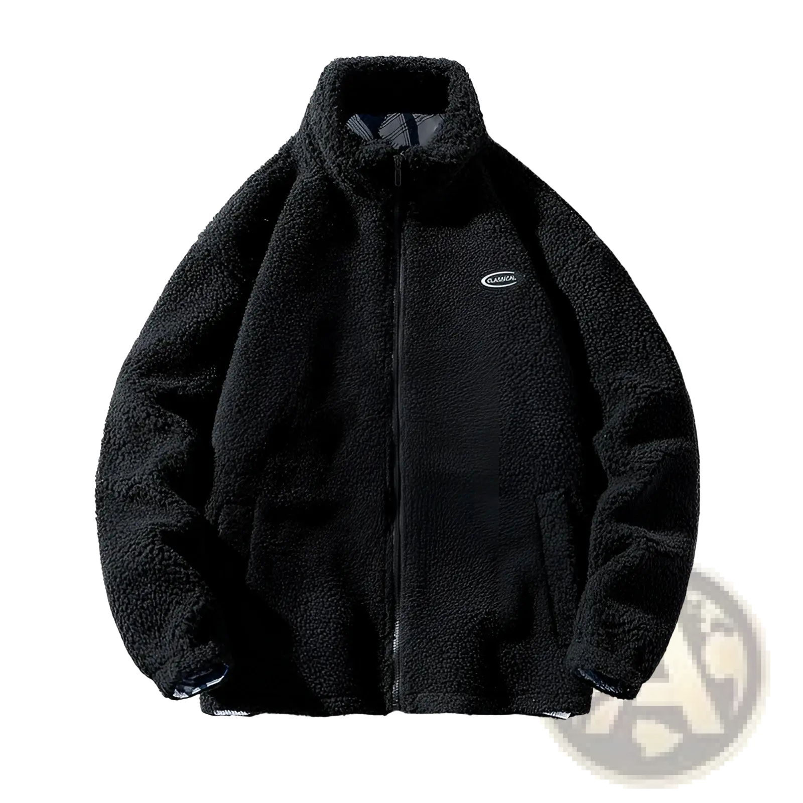 Men fleece winter jacket black with plush textured fleece exterior and subtle embroidered logo on the chest