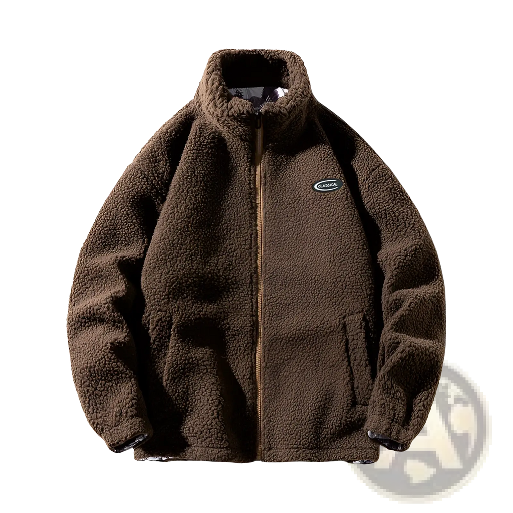 Men fleece winter jacket loose casual outerwear in brown with high collar zipper and classical logo patch on left chest