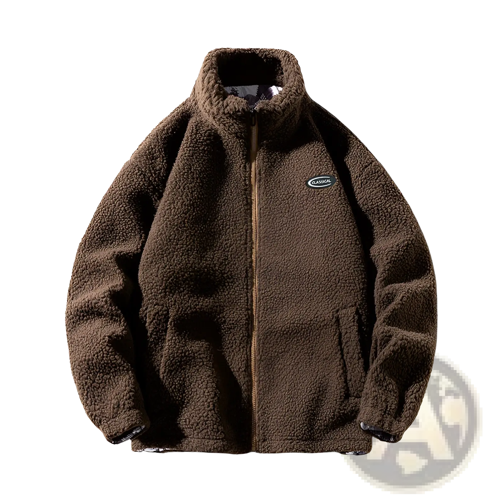 Men fleece winter jacket loose casual outerwear in brown with high collar zipper and classical logo patch on left chest