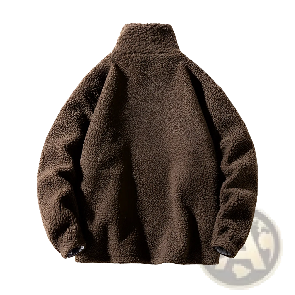 Men fleece winter jacket brown shearling with high collar and plush textured fabric for casual outerwear use