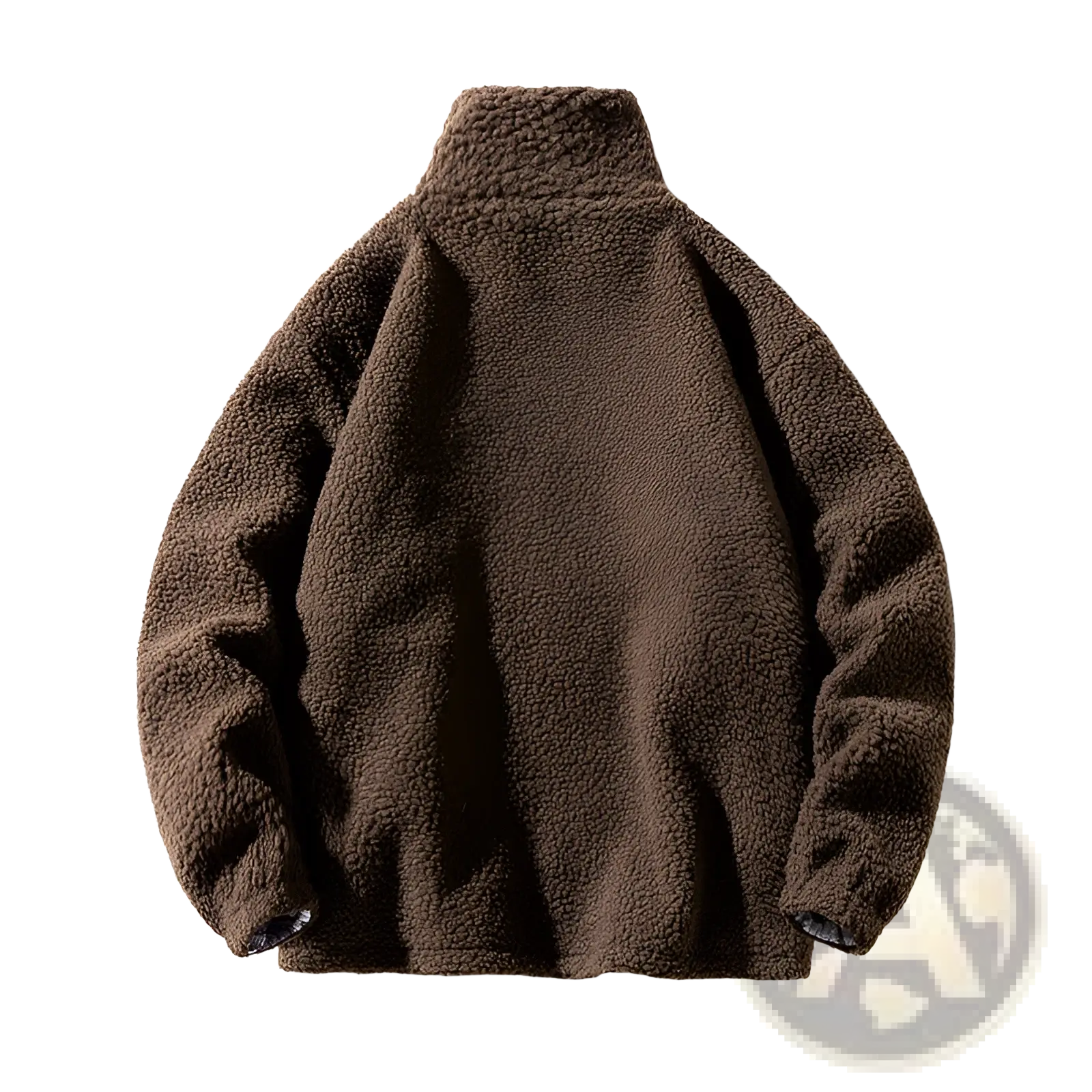 Men fleece winter jacket brown shearling with high collar and plush textured fabric for casual outerwear use