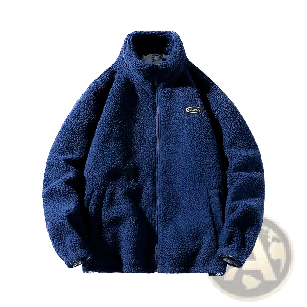 Men fleece winter jacket in deep navy blue with plush textured fleece and classical logo patch on the left chest
