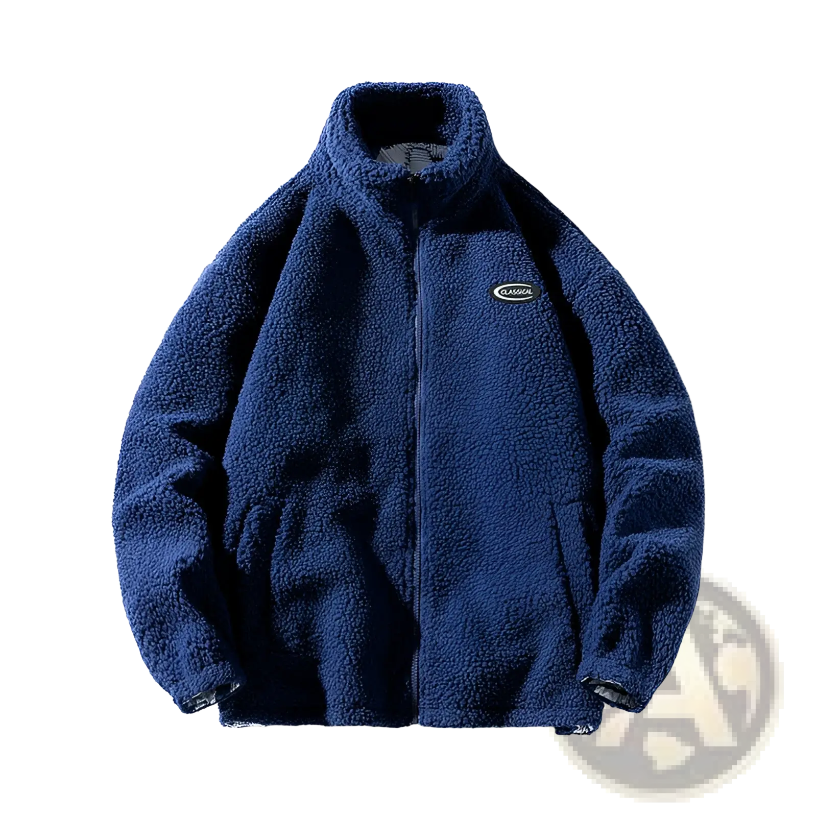 Men fleece winter jacket in deep navy blue with plush textured fleece and classical logo patch on the left chest