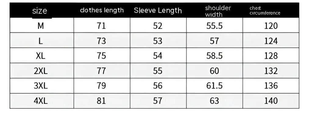 Size chart for men fleece winter jacket loose casual outerwear showing measurements in centimeters from medium to 4XL