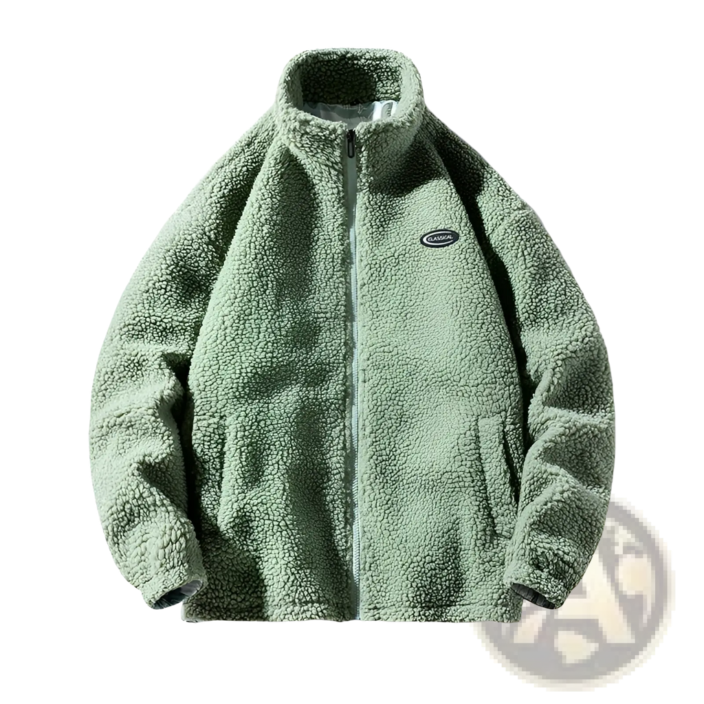 Men fleece winter jacket in soft moss green fleece with high collar and front zipper for loose casual outerwear