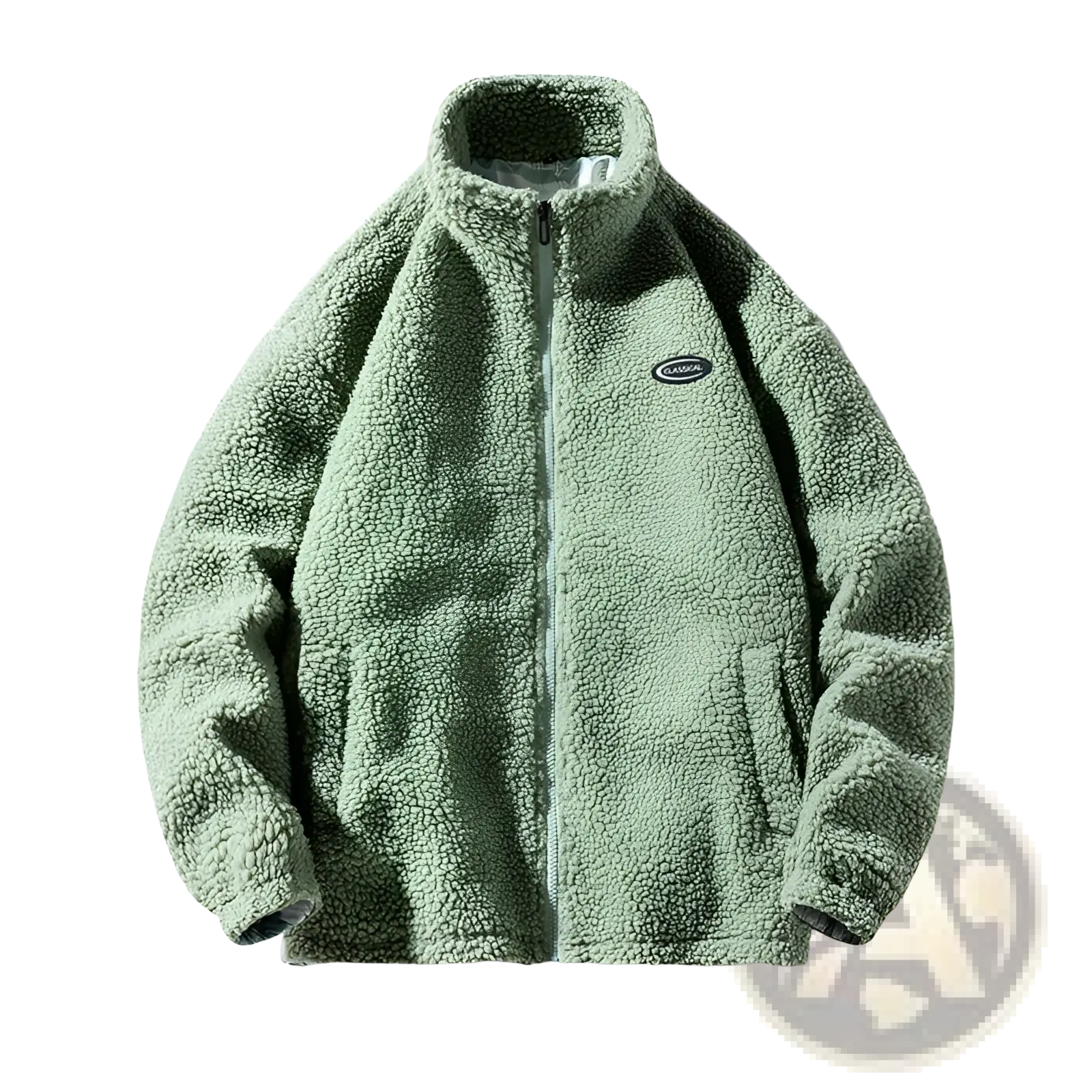 Men fleece winter jacket in soft moss green fleece with high collar and front zipper for loose casual outerwear