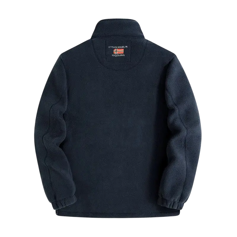 Dark navy blue men fleece winter jacket with high collar elastic cuffs and norwegian flag logo on back neck seen from back side