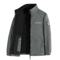 Men fleece winter jacket with gray fleece exterior black lining norwegian flag patch and circular sleeve logo