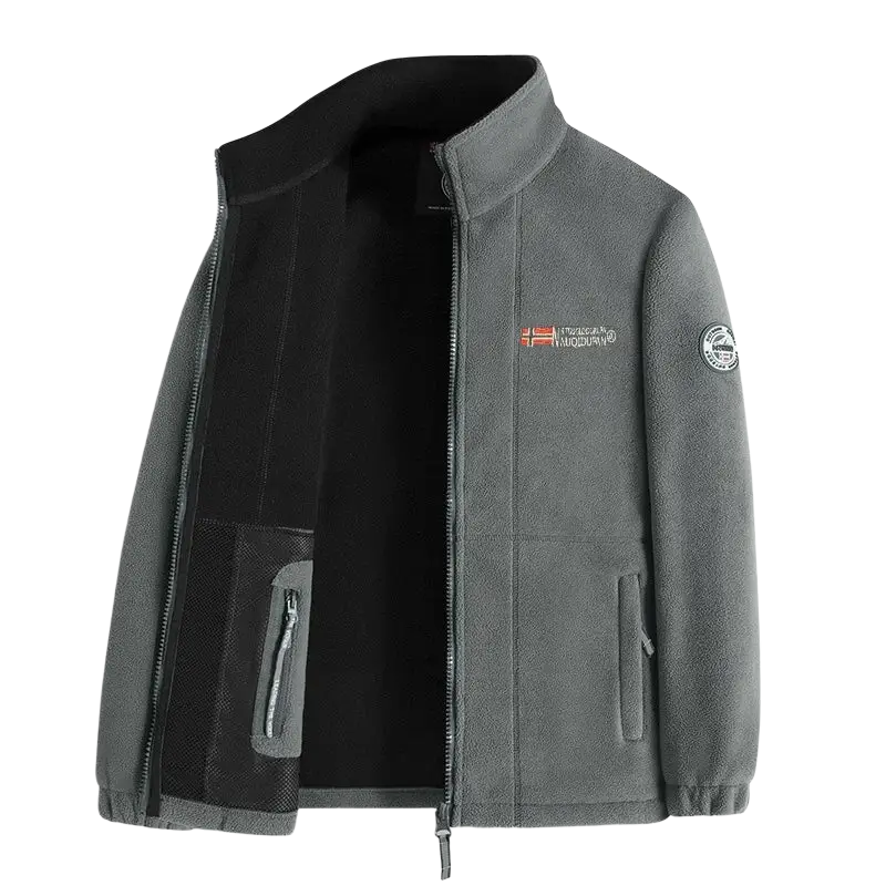 Men fleece winter jacket with gray fleece exterior black lining norwegian flag patch and circular sleeve logo