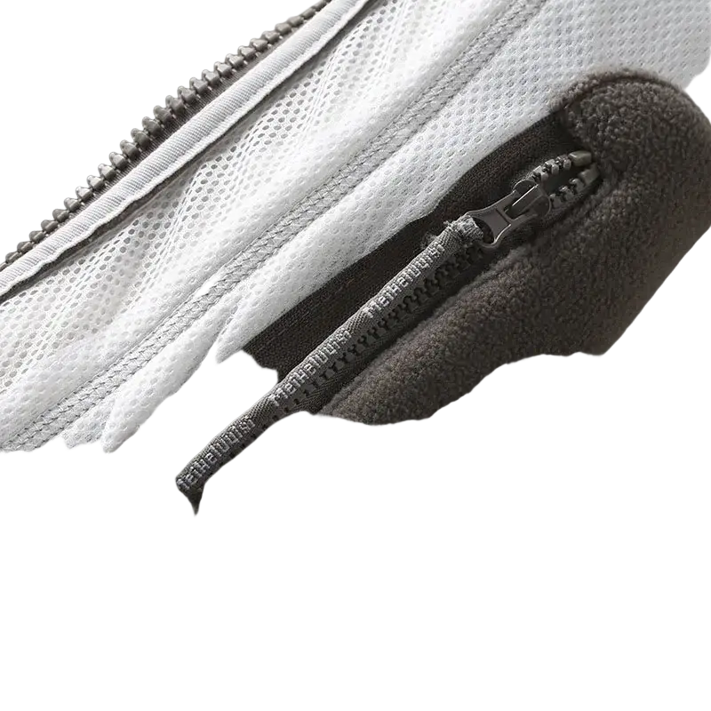 Men fleece winter jacket with gray fleece-lined zipper pocket white mesh panel and black zipper pull for outdoor warmth