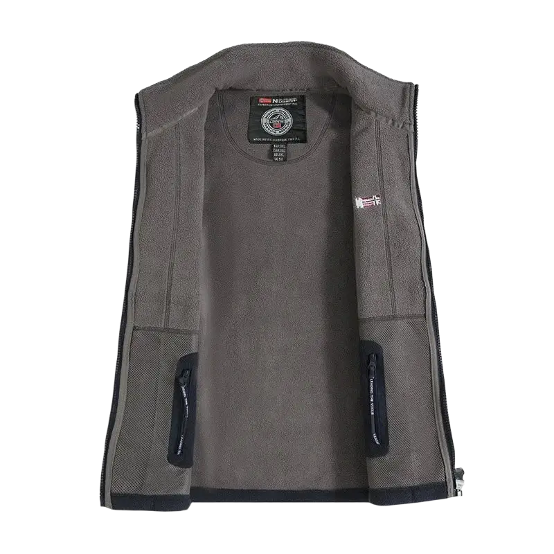 Men fleece winter jacket gray fleece vest with black zipper accents and mesh side pockets for outdoor warmth