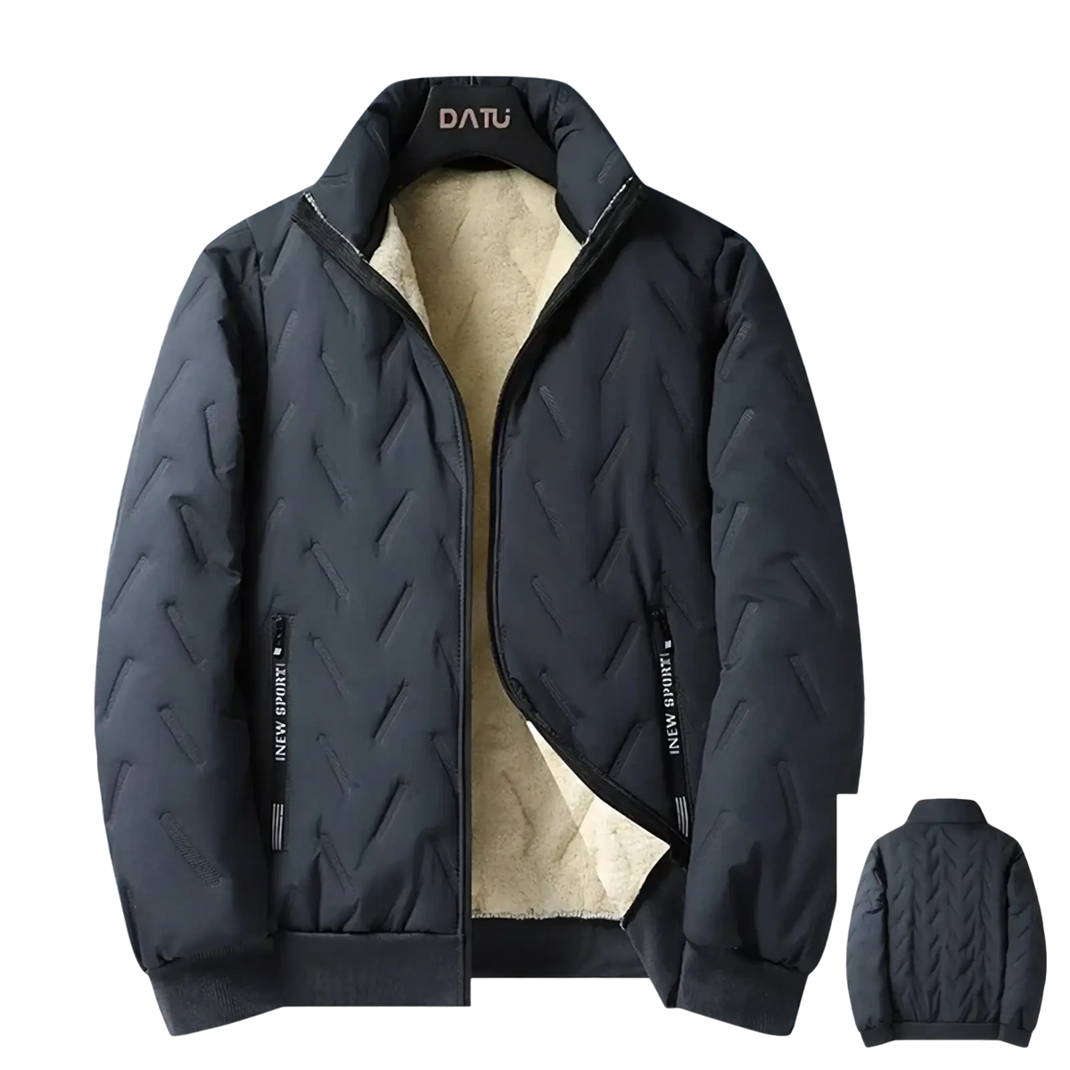 Men fleece winter parka quilted bomber jacket in black with plush beige shearling lining and new sport branding on side pockets
