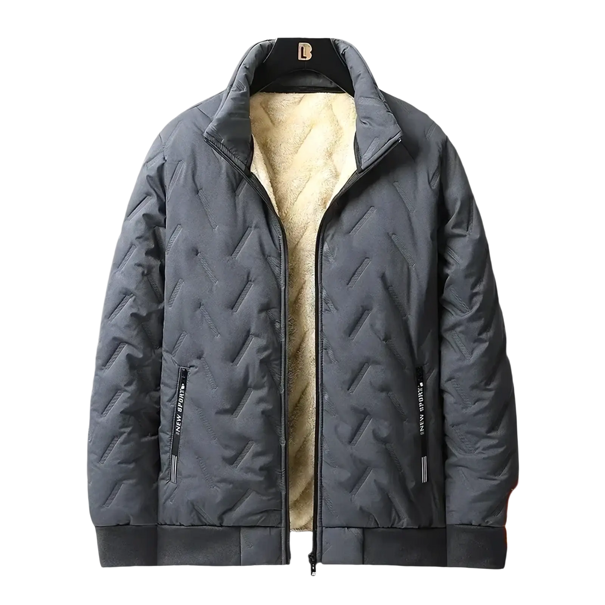 Men fleece winter parka quilted bomber jacket with dark gray exterior, plush beige fleece lining and black zipper accents