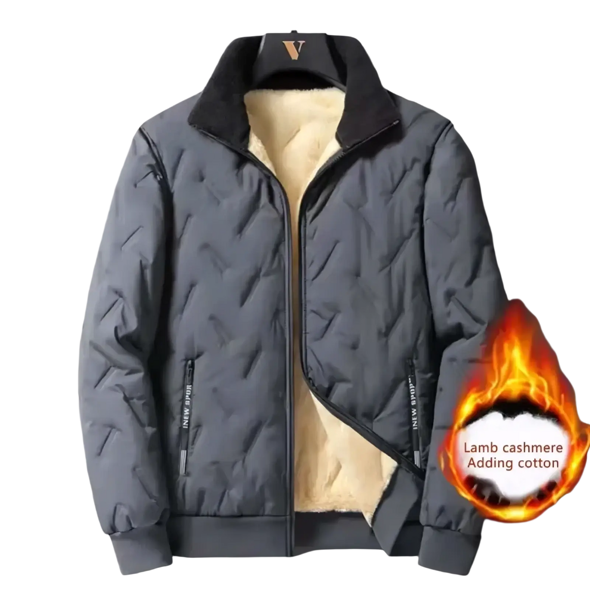 Men fleece winter parka quilted bomber jacket in dark gray with black collar and cream lamb cashmere lining