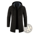 Men fleece winter trench coat knit cardigan hoodie black textured knit with plush gray-lined hood and drawstrings