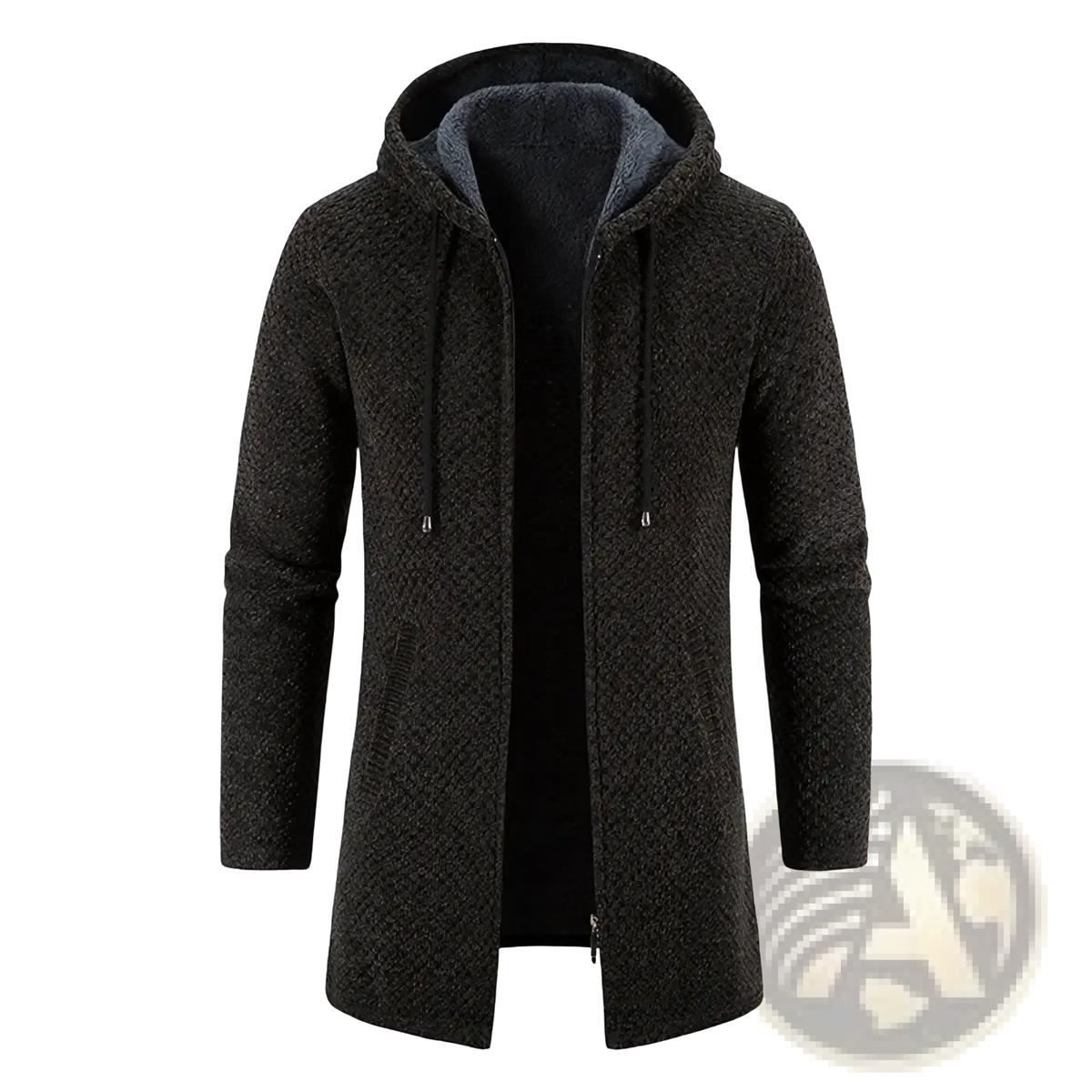 Men fleece winter trench coat knit cardigan hoodie black textured knit with plush gray-lined hood and drawstrings