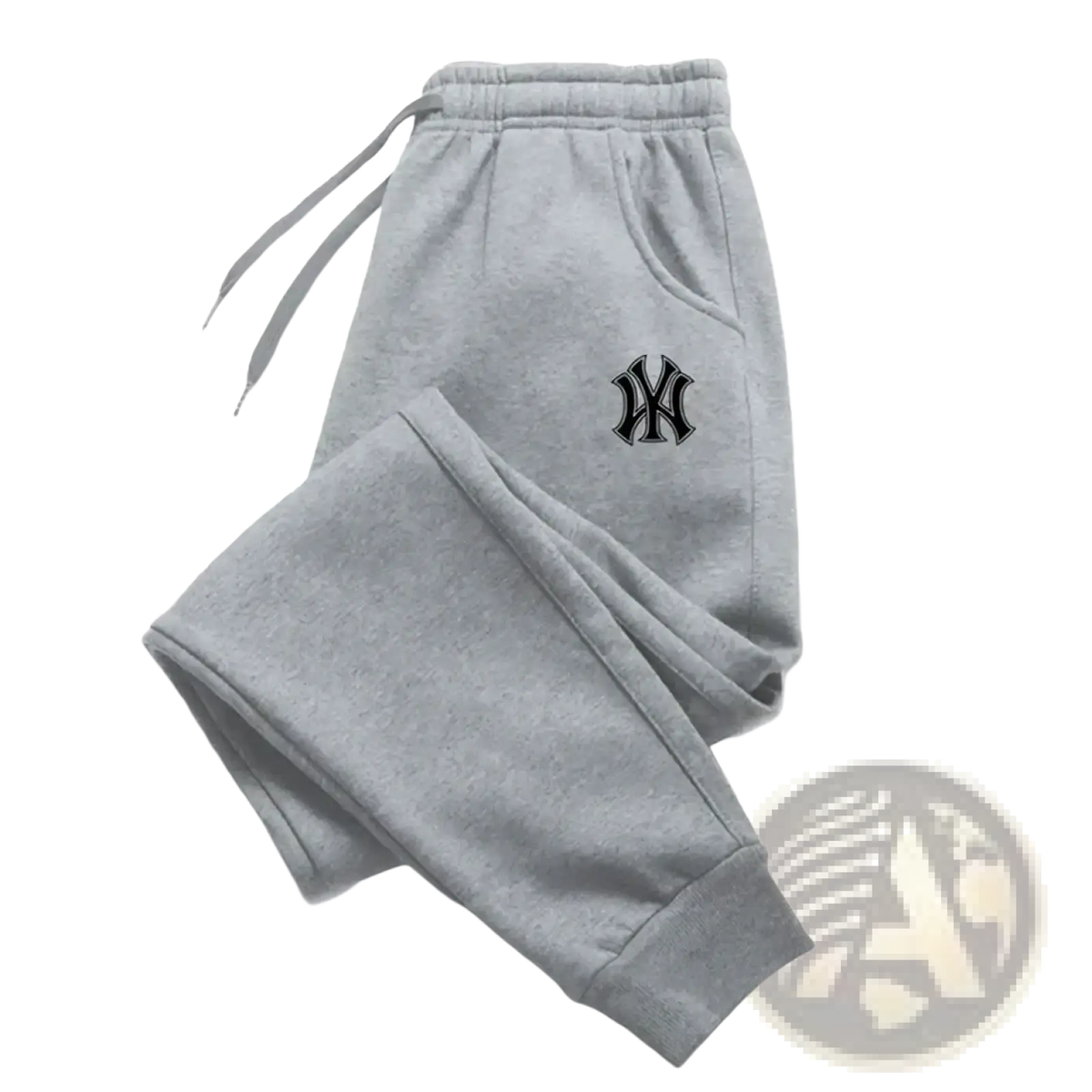 Men fleece Yankees jogger sweatpants in gray heathered fabric with black embroidered Yankees logo on left thigh