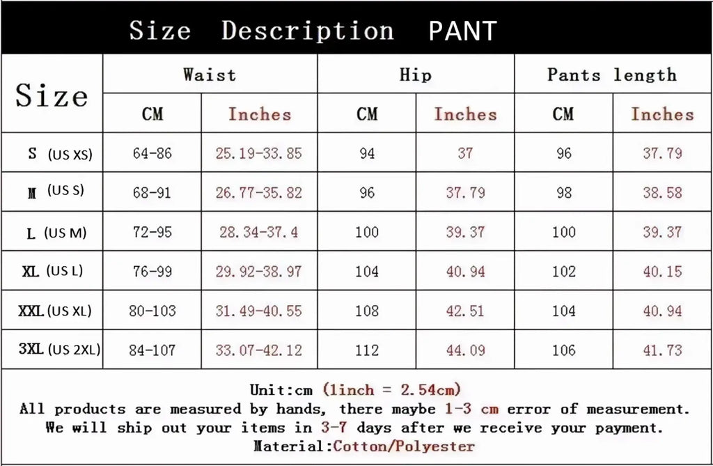 Men fleece yankees jogger sweatpants cotton polyester pants size chart with waist hip and length measurements in cm and inches