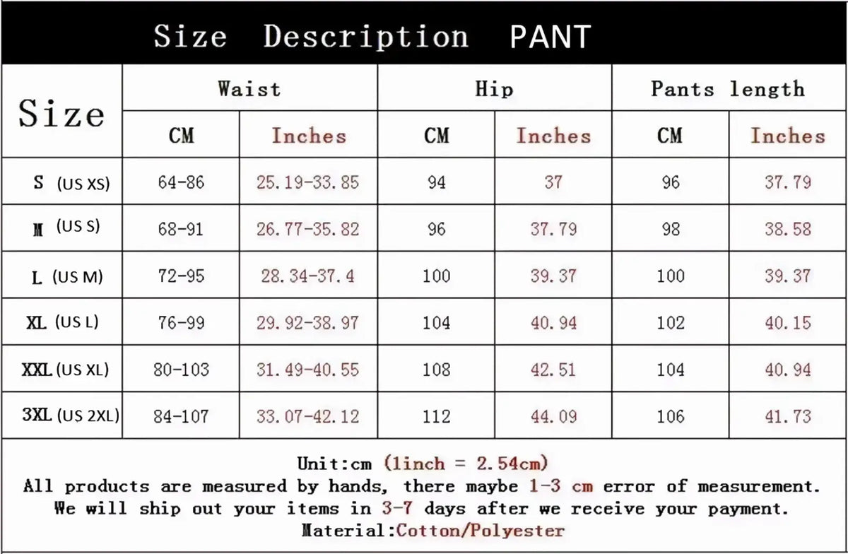 Men fleece yankees jogger sweatpants cotton polyester pants size chart with waist hip and length measurements in cm and inches