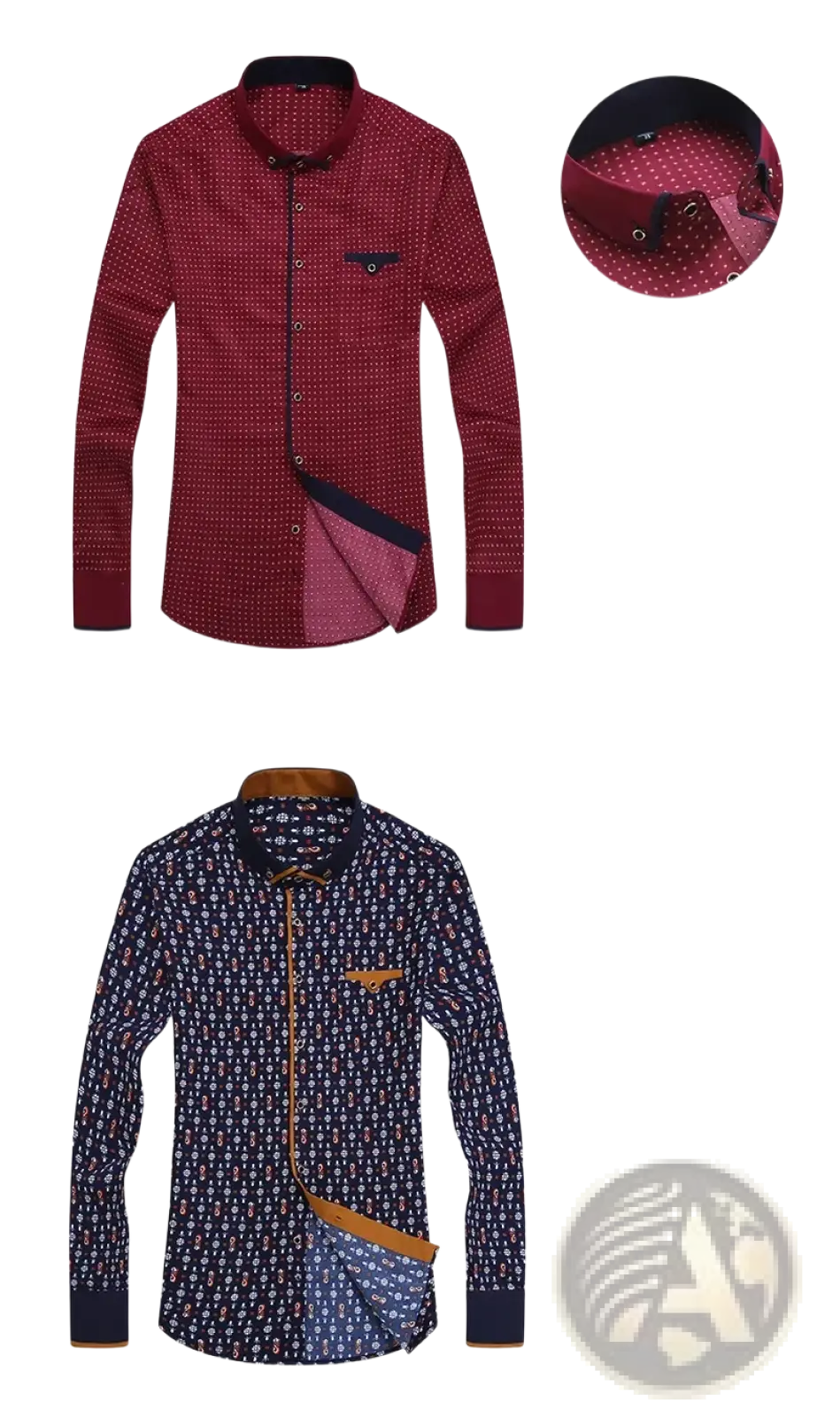 Men floral dress shirt slim fit long sleeve casual with red and navy blue patterns and contrasting collar and pocket details