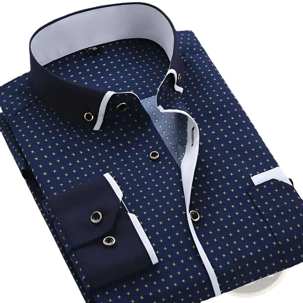Men floral dress shirt slim fit long sleeve casual dark blue with gold crosshatch pattern white trim and silver buttons