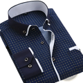 Men floral dress shirt slim fit long sleeve casual dark blue with gold crosshatch pattern white trim and silver buttons