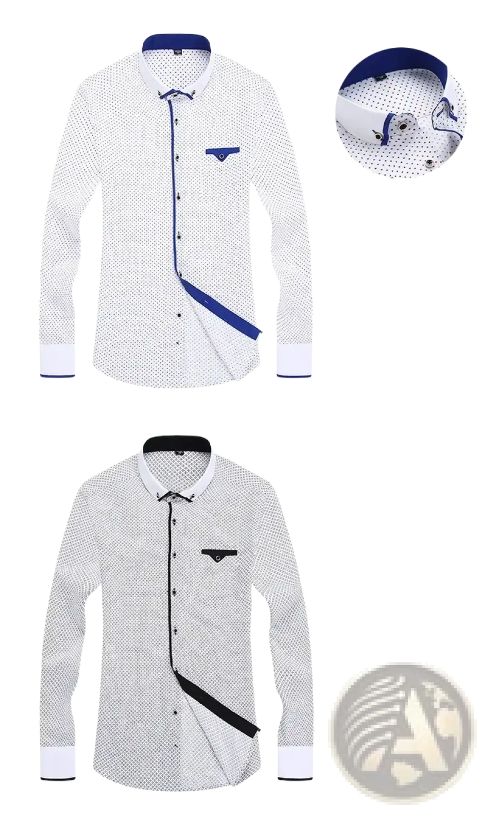 Men floral dress shirt slim fit long sleeve white with subtle geometric pattern and contrasting blue trim along collar and cuffs