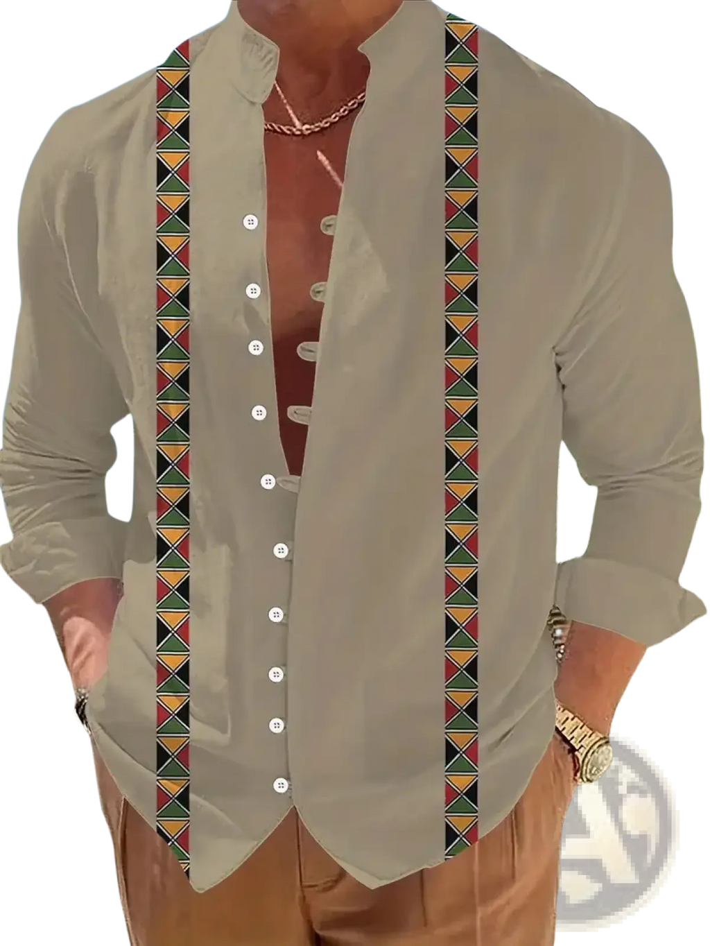 Men floral print long sleeve casual button up shirt in beige with vibrant red yellow and green geometric triangle patterns