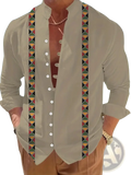 Men floral print long sleeve casual button up shirt in beige with vibrant red yellow and green geometric triangle patterns