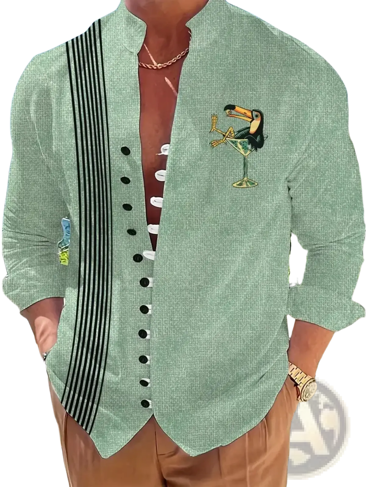 Men floral print long sleeve casual button up shirt in light green with black vertical stripes and toucan graphic on chest