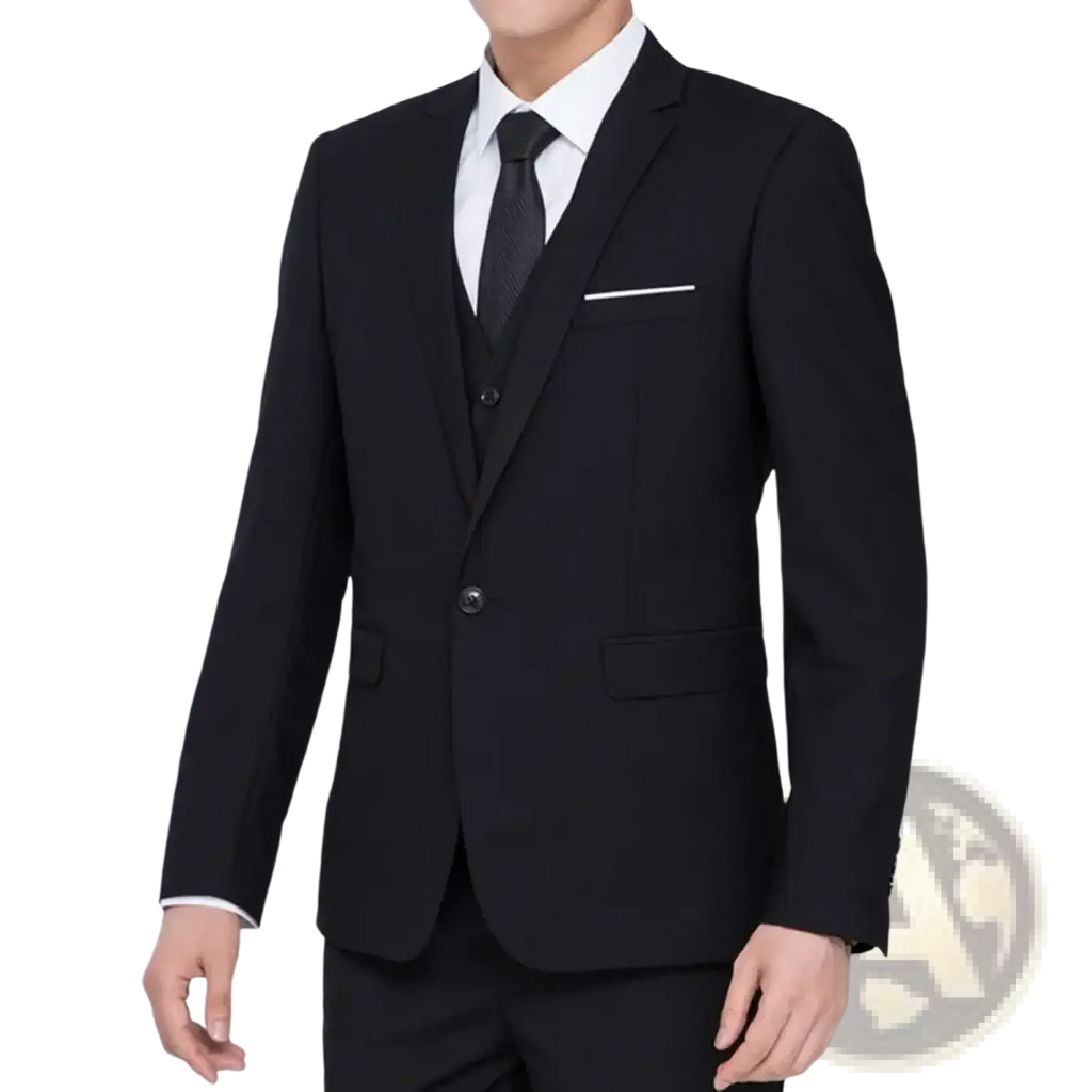 Men formal blazer slim fit business suit jacket in black with white contrast stitching on pocket and cuffs