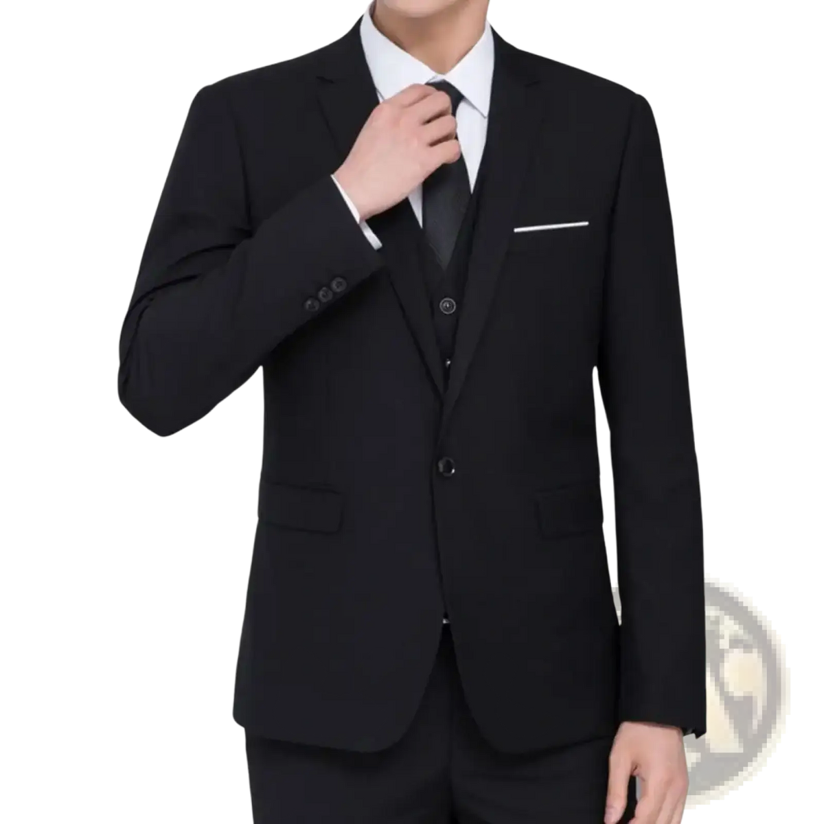 Men formal blazer slim fit business suit jacket in black with sleek modern cut and white contrast stitching on pocket square
