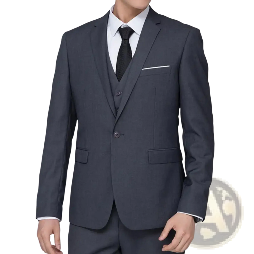 Men formal blazer slim fit business suit jacket in dark gray textured weave with white contrast stitching on pocket and cuffs
