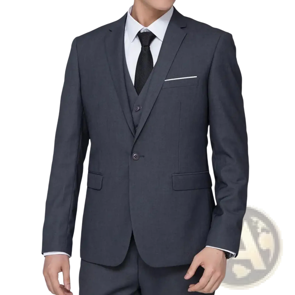 Men formal blazer slim fit business suit jacket in dark gray textured weave with white contrast stitching on pocket and cuffs