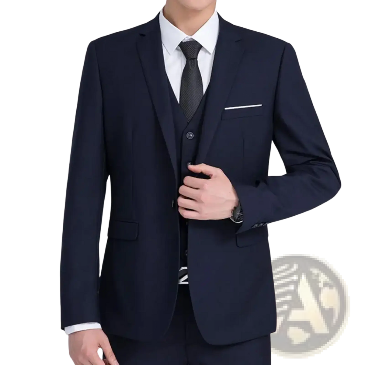 Men formal blazer slim fit business suit jacket in navy blue with matching vest and trousers featuring white contrast stitching