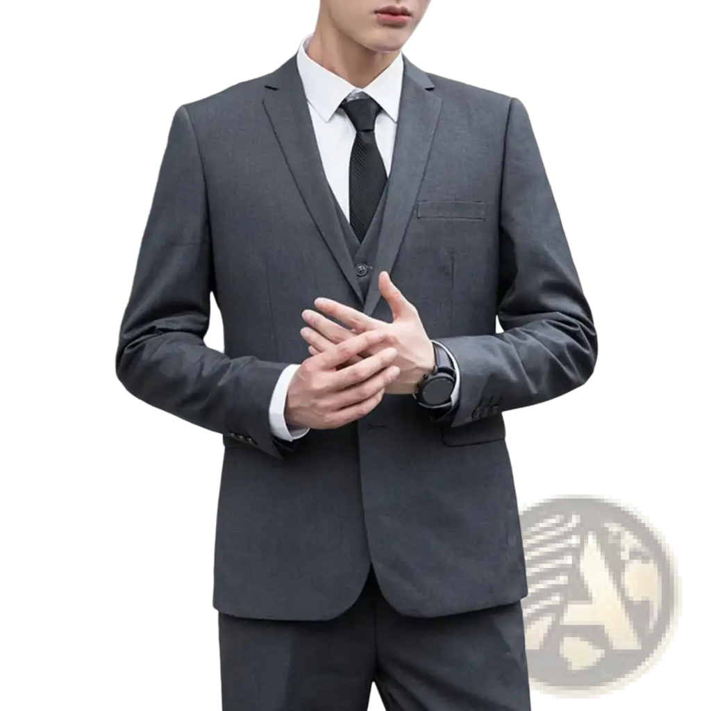 A sleek dark gray slim fit three-piece business suit jacket with tailored fit and subtle texture for men formal wear