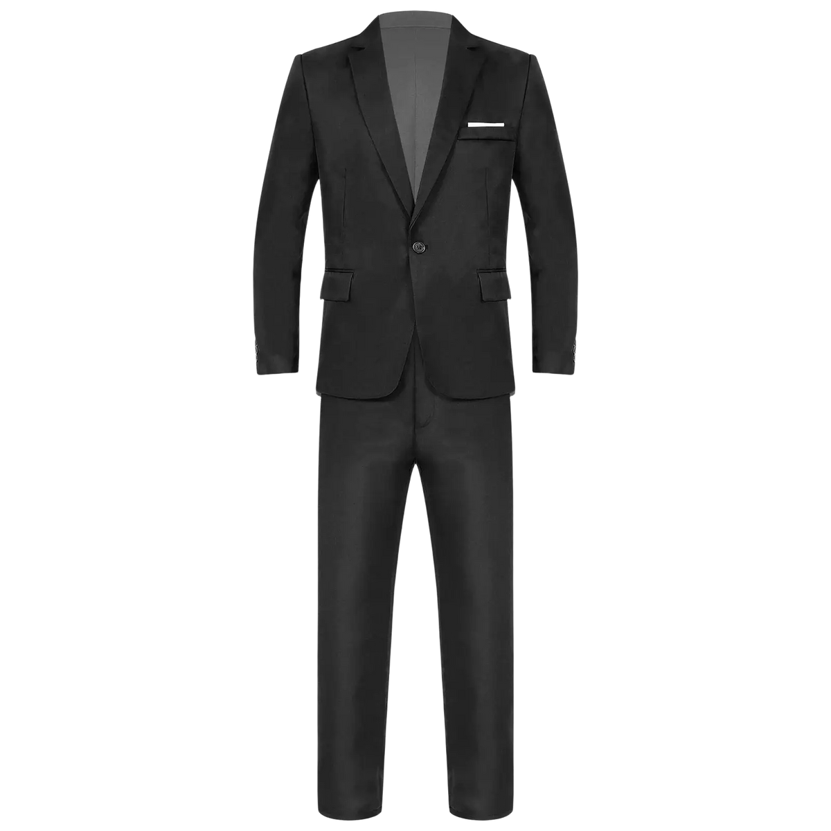 Men formal suit two piece blazer and pants set in black tailored fabric with subtle sheen and single-breasted jacket