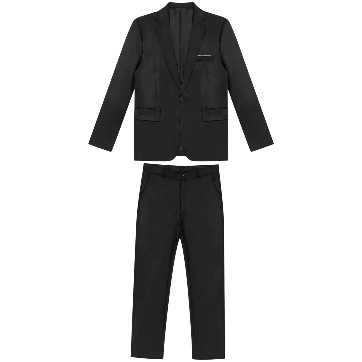 Men formal suit two piece blazer and pants set featuring a black tailored single-breasted jacket and matching trousers