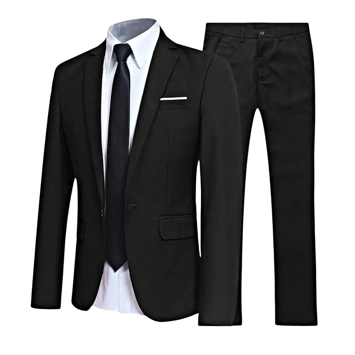 Black tailored men formal suit two piece blazer and pants set by fee show with single-breasted blazer and peak lapels