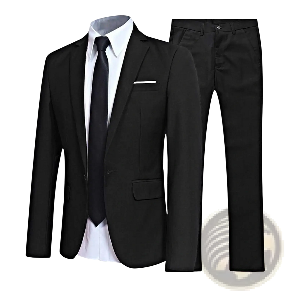 Black tailored men formal suit two piece blazer and pants set by fee show with single-breasted blazer and peak lapels